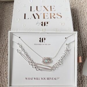 bp Silver Layered Necklace with Opal Evil Eye Pendant